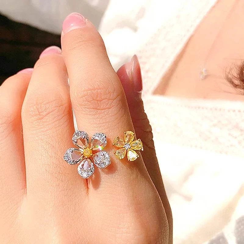 SC Adjustable Silver Zircon Rings Zircon Flower Rings Colorful Zircon Big Small Flower Rings for Women Girls