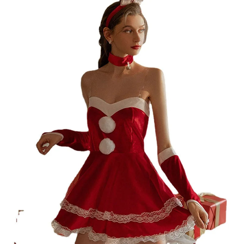 Drop-shipping Sexy Style Christmas Women's Pajamas Pleuche Material Bow Slip Dress and Skirt