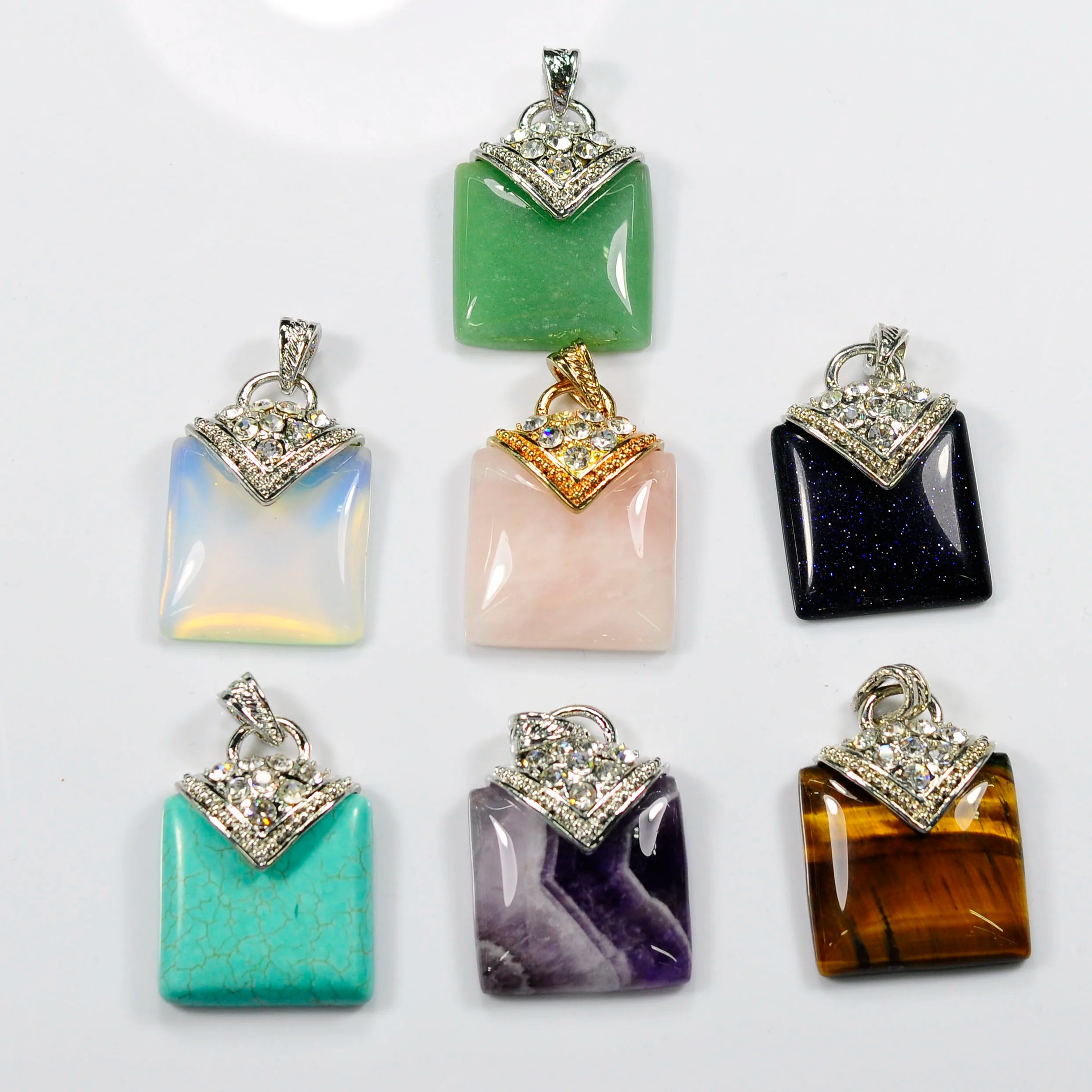 Natural Gemstone Crystal Pendant with Square Alloy Inlaid Amethyst Pendant DIY Accessories