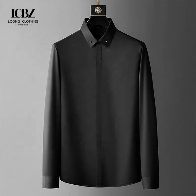 Wholesale Professional Long Sleeve Black Casual Vintage Stand Collar Spring Cotton Mans Shirt for Men