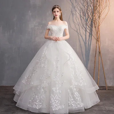 2021 Boat Neck Off Shoulder Plus Size Leaf Lace Flowers Wedding Gown Simple Elegant Wedding Gowns Bride Dress