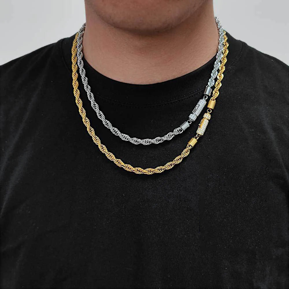 Pave Cubic Zircon Clasp Stainless Steel Braided Rope Chain Necklace Bracelet 18K Gold Plated Hiphop Jewelry
