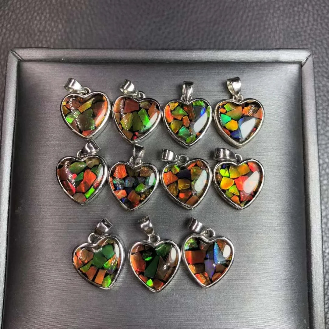 Fine Jewelry Designer Charm Necklace Natural Healing Crystal Ammolite Heart 925 Sterling Silver Setting  Setting  Pendant