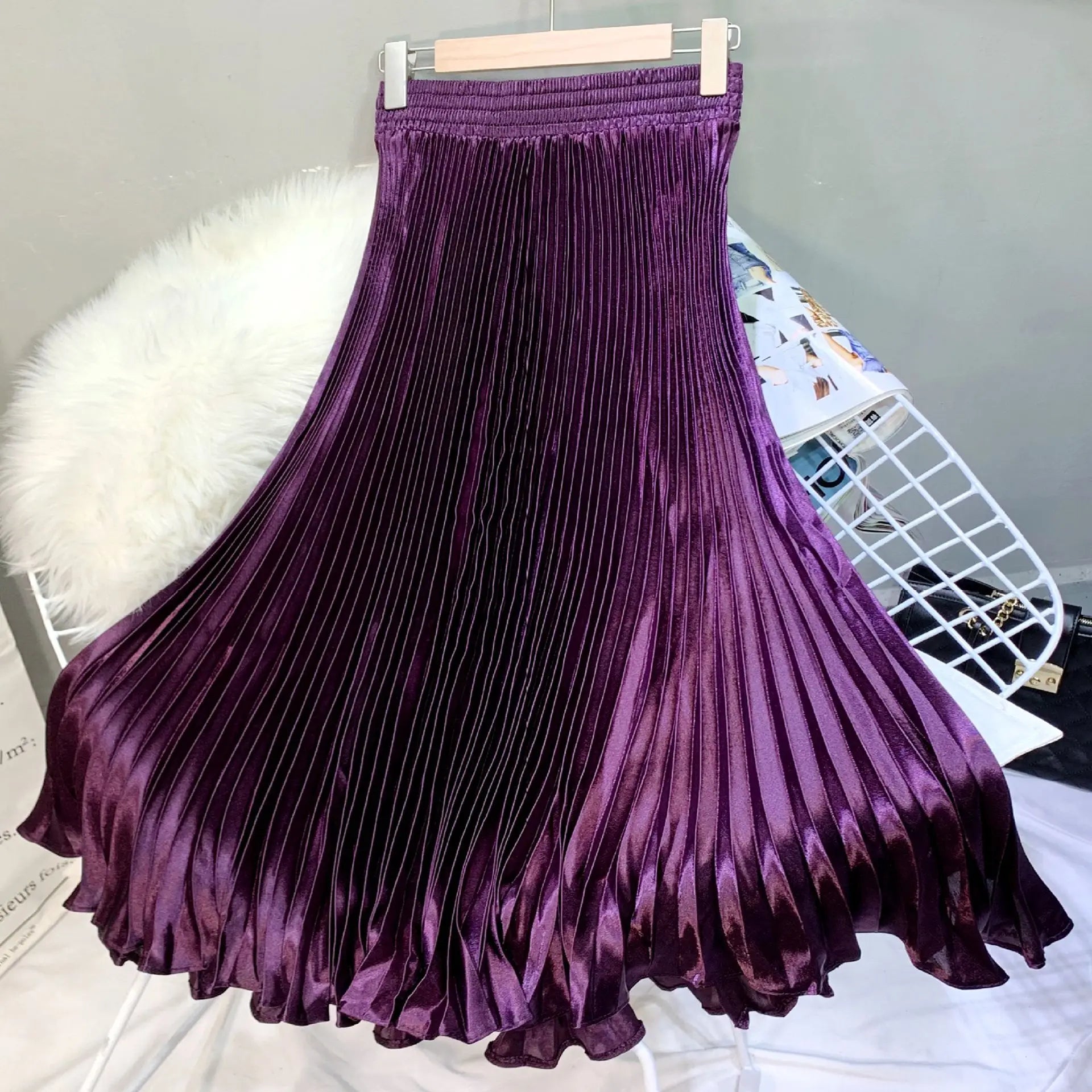 New Fashionable Wholesale Mid-Length Skirt High Waist Slim A-Line Satin Long Pleated Women Skirt