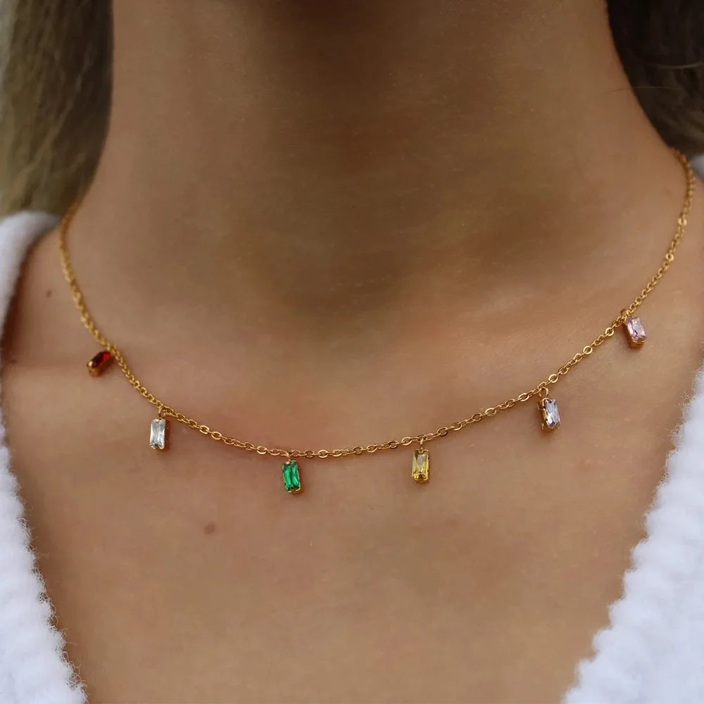 New Block Color Zircon Pendant 18k Niche Light Luxury Chain Necklace for Women