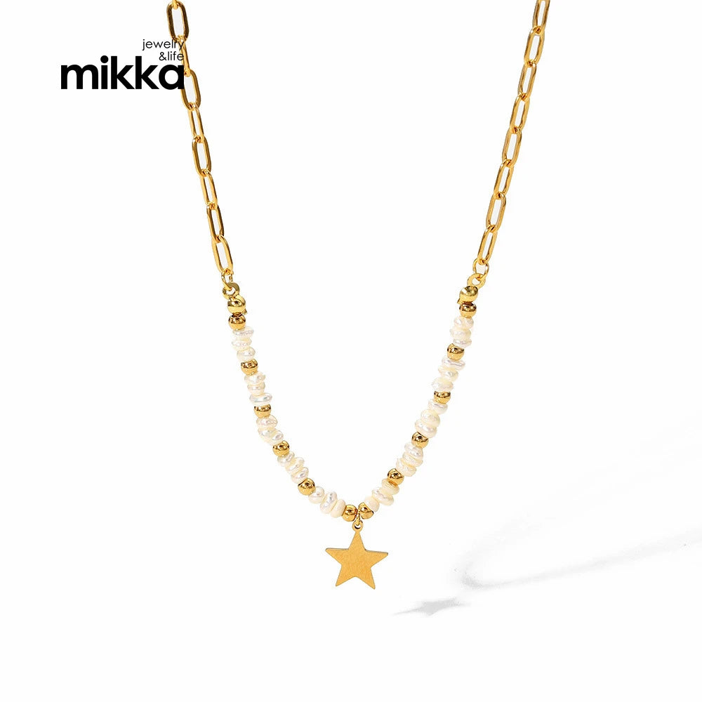 Luxury 18K Gold Plated Stainless Steel Fresh Water Pearl Beaded Chain Gold Seed Bead Chain Star Pendant Necklace