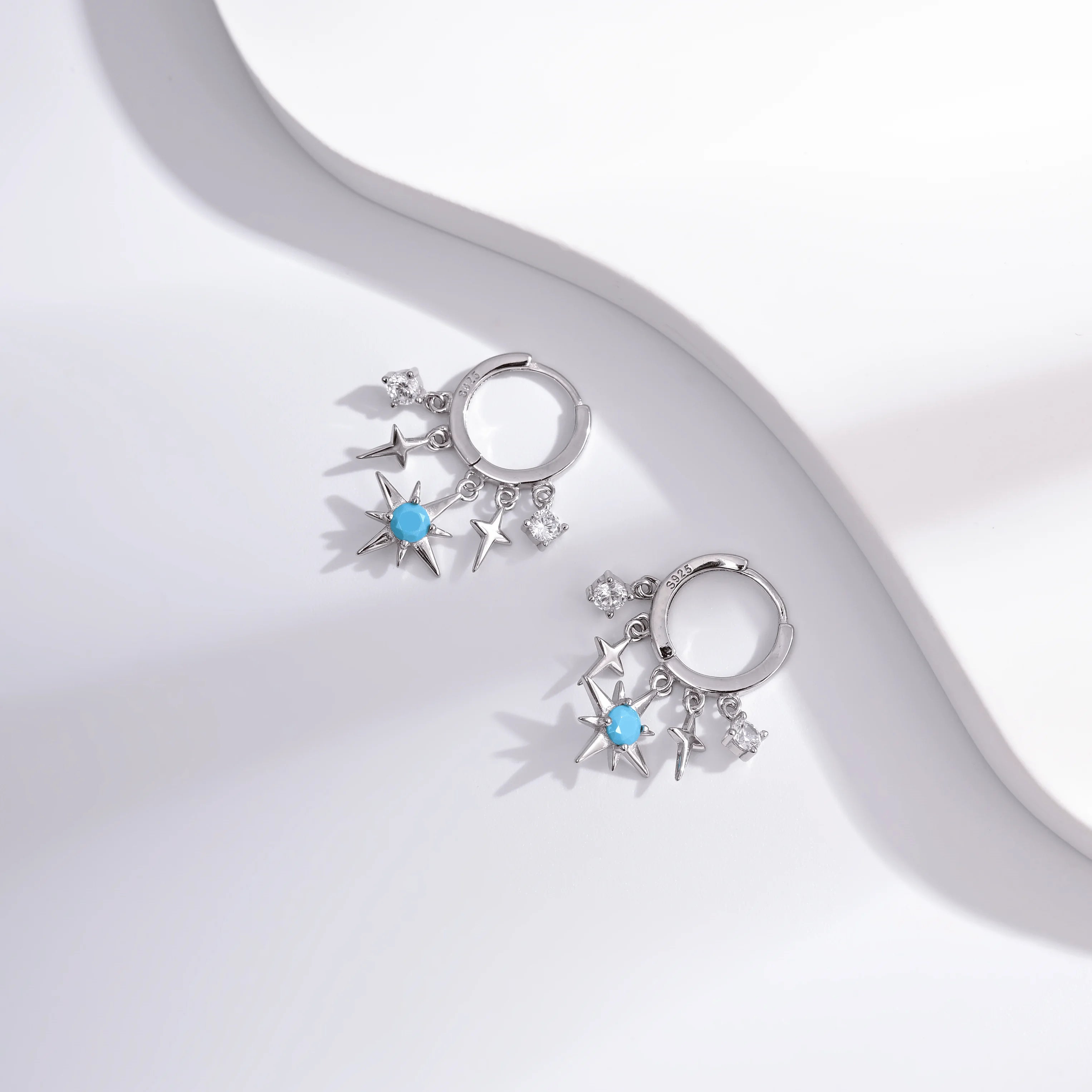 Wholesale Earrings Jewelry Rhodium Plated Sun & Star Turquoise CZ Drop Earring 925 Sterling Silver Fine Jewelry Earrings