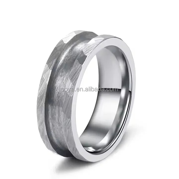 Poya Jewelry Men's 8mm Single Channel Inlay Hammered Tungsten Ring Blank Classic for Wedding Engagement Gift