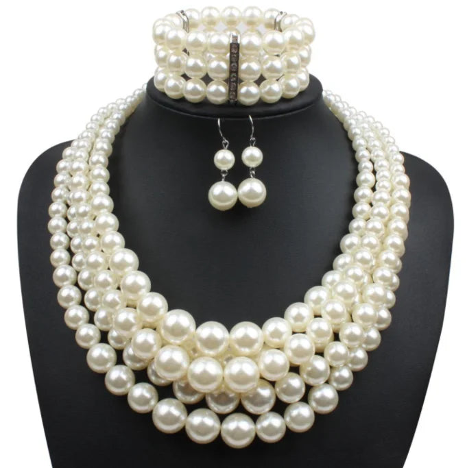 Factory Wholesale White Imitation Pearl Jewelry Set  Fashion Exaggerated Multilayer Imitation Pearl Necklace Bracelet Earrings