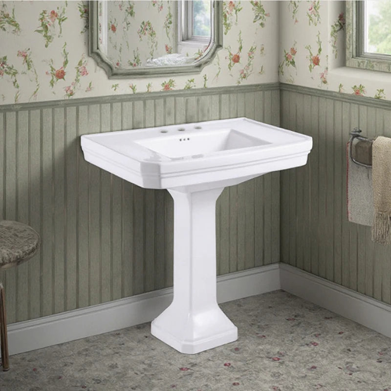 European Style 81cm White Ceramic Traditional Rectangular Pedestal Sink 9L Capacity Single Hole Installation Glazed Bathroom