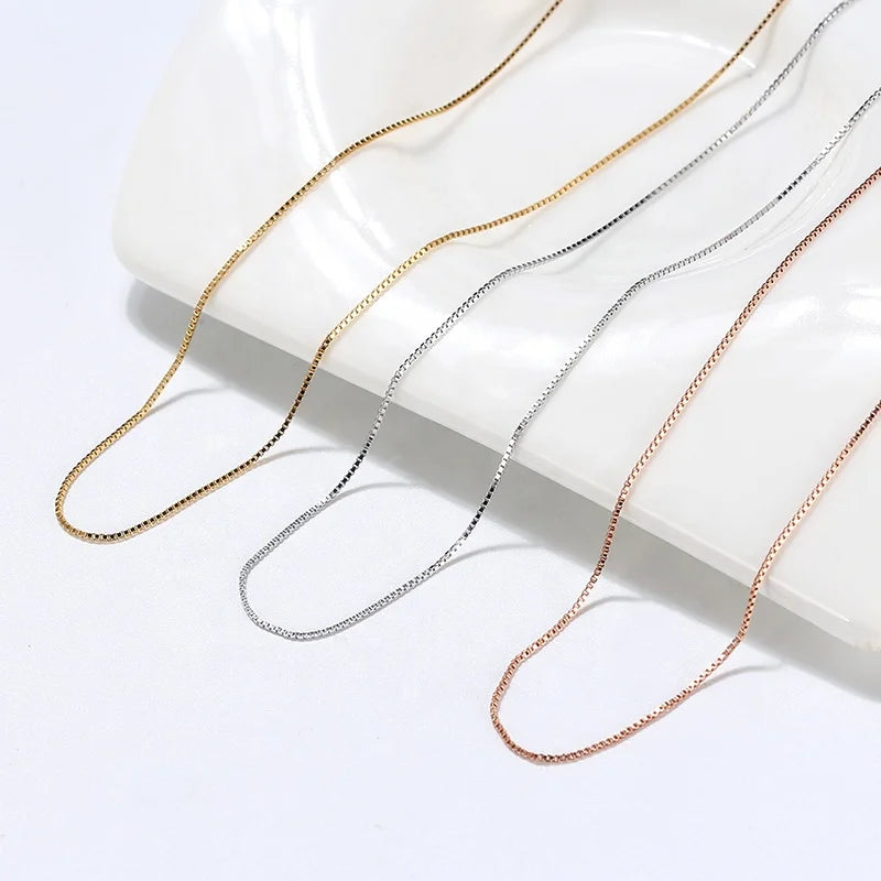 0.65-1.5mm 16-20 Inch 18k Gold Rose Gold Thin Box Chain Necklace 925 Sterling Silver Chain