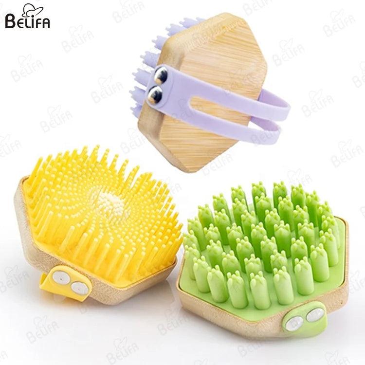 Custom Logo Hair Scalp Body Cleaning Silicone Exfoliating Bath Shower Scrubber Round Bamboo Handle Body Brush Dry Massage Brush