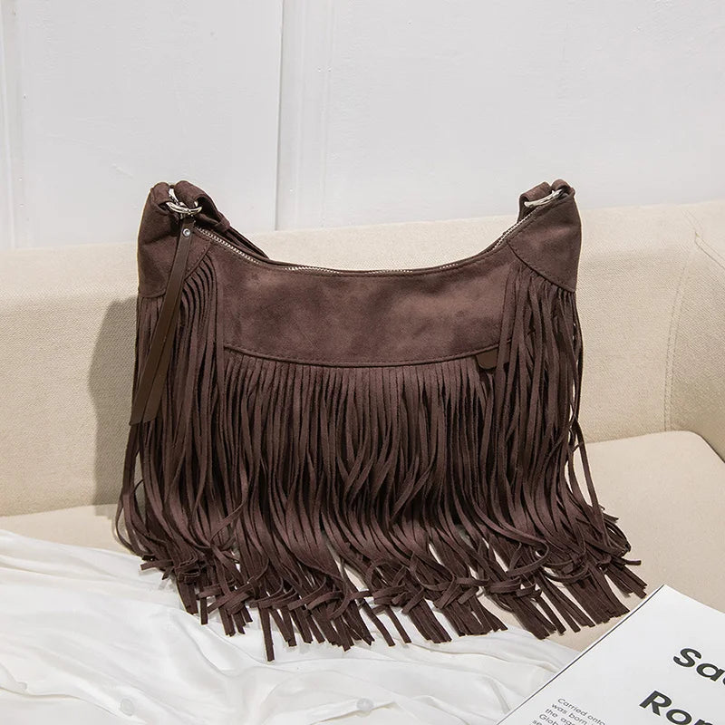 Women's PU leather handbag Retro Bohemian design shoulder bag Long tassel tassel women's handbag