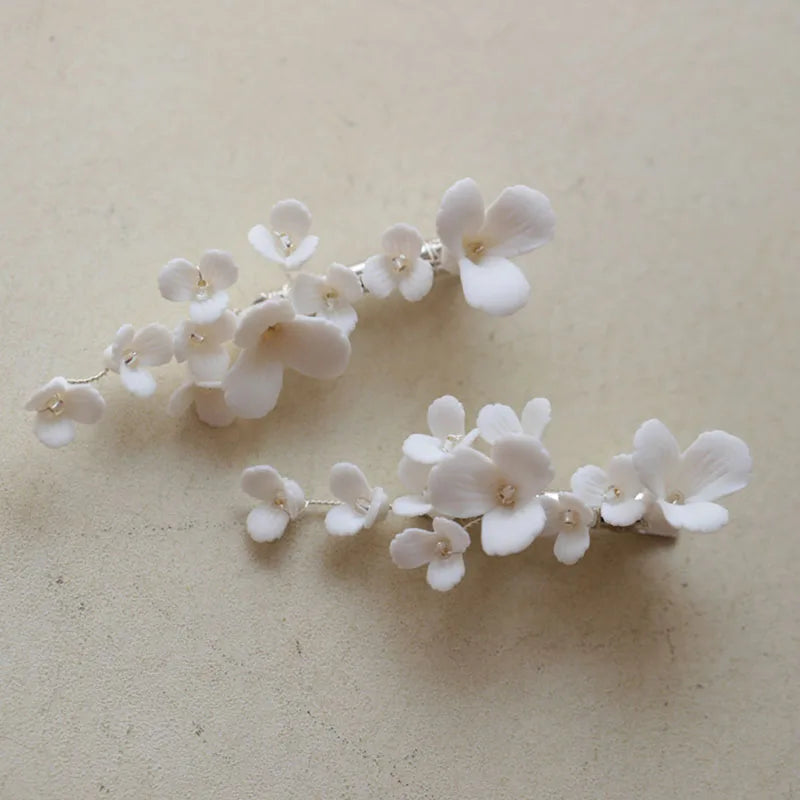 SLBRIDAL Handmade Ins Style Alloy Ceramic Flower Crystal Bridal Hair Clip Barrettes Wedding Headpieces Women Hair Accessories