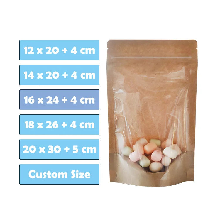 16x24cm in Stock One Side Clear One Side Brown Kraft Paper Stand up Resealable Food Kraft Paper Packaging Bags