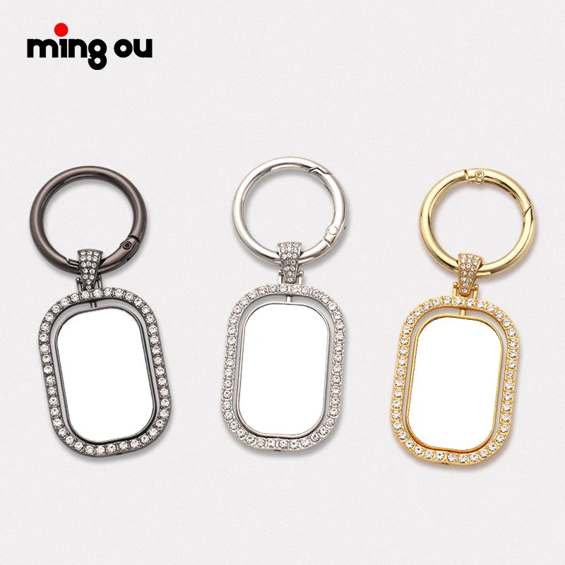 Custom Key Chain Promotional Double-sided Blank Metal Rhinestone Keychains Sublimation Rotate Keychain