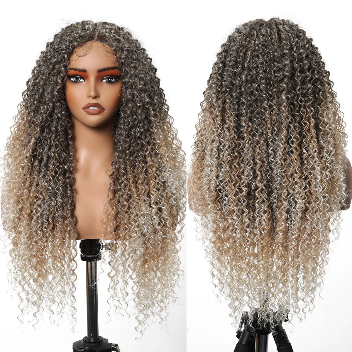 Future Fiber Gray Gradient Blonde Layered T-Shaped Front Lace Wig Long Super Curly Lace Synthetic Wig Heat Resistant Flexible MegaBDM