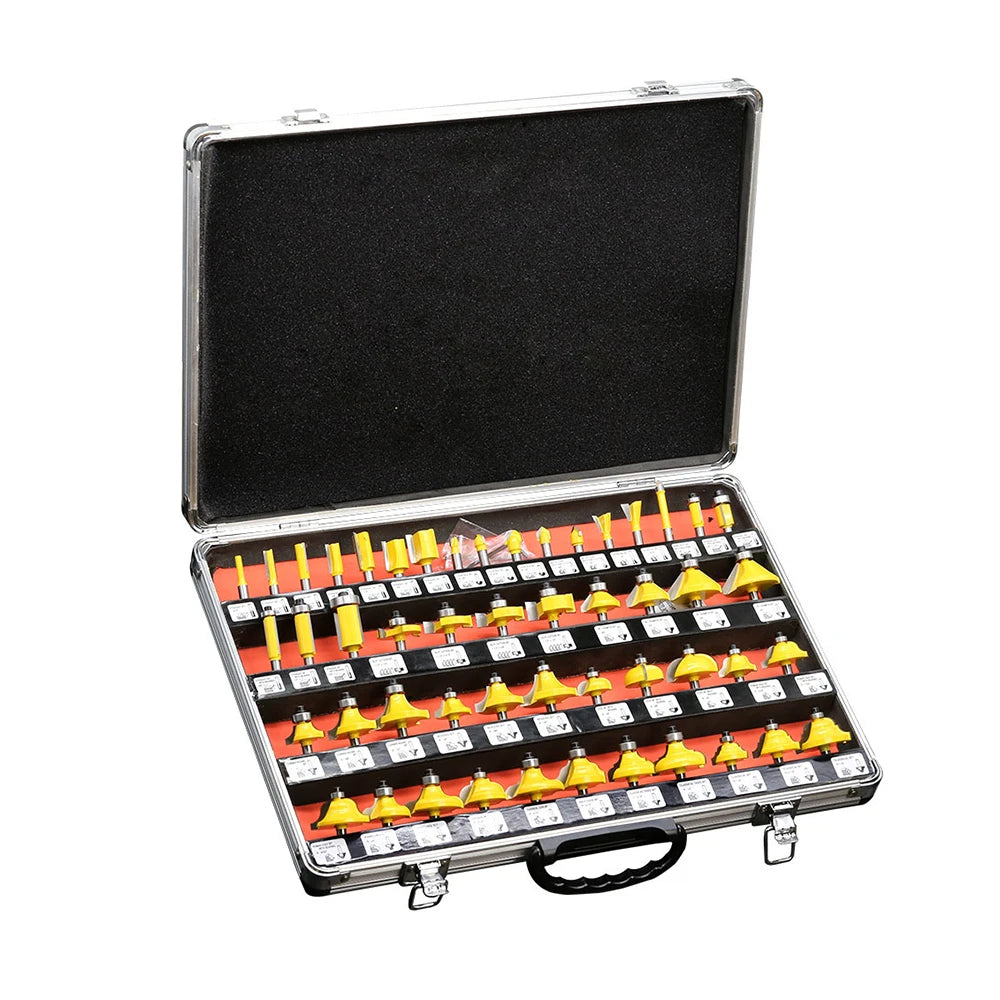 50 Pieces 1/4" Round Shank 2 Blades Router Bits Set With Aluminum Box Carbide Cutter Head Steel Cutter Body Painted Coated