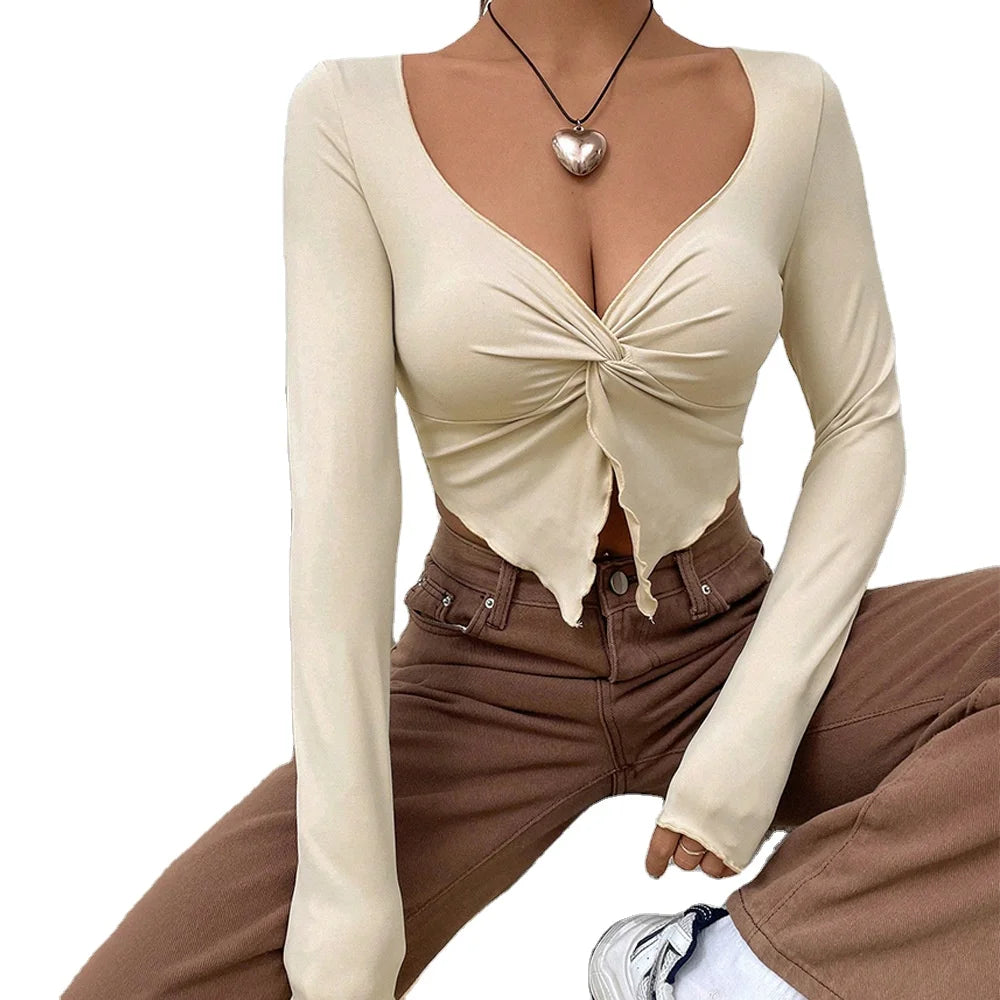 Women's Autumn/Winter New Slim Fit V-Neck Twisted Fashion Knitwear Ultra Short Long Sleeved Top
