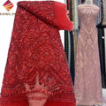 Red Embroidery Crystal Beaded Lace Fabric Luxury Tulle 3D French Mesh Sequins Lace Fabric With Rhinestones for Wedding