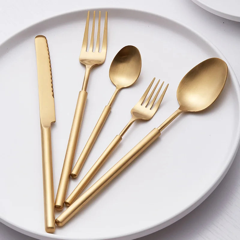 Bulk Luxury 304 Stainless Steel Eco-Friendly Matte Gold Fork Spoon Knife Business Gifts Cutlery Set