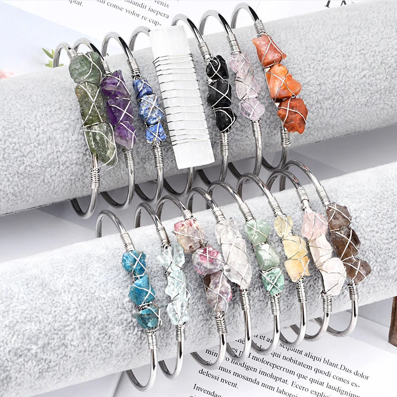 10-15Mm15 Different Colors Bracelet Silver Frame Hand Wire Wrap Mineral Crystal Bangle