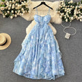 Retro Elegant Dress for Women Sweet Spaghetti Strap Floral Print Mesh Dresses French Style Floral High Waist Vestidos