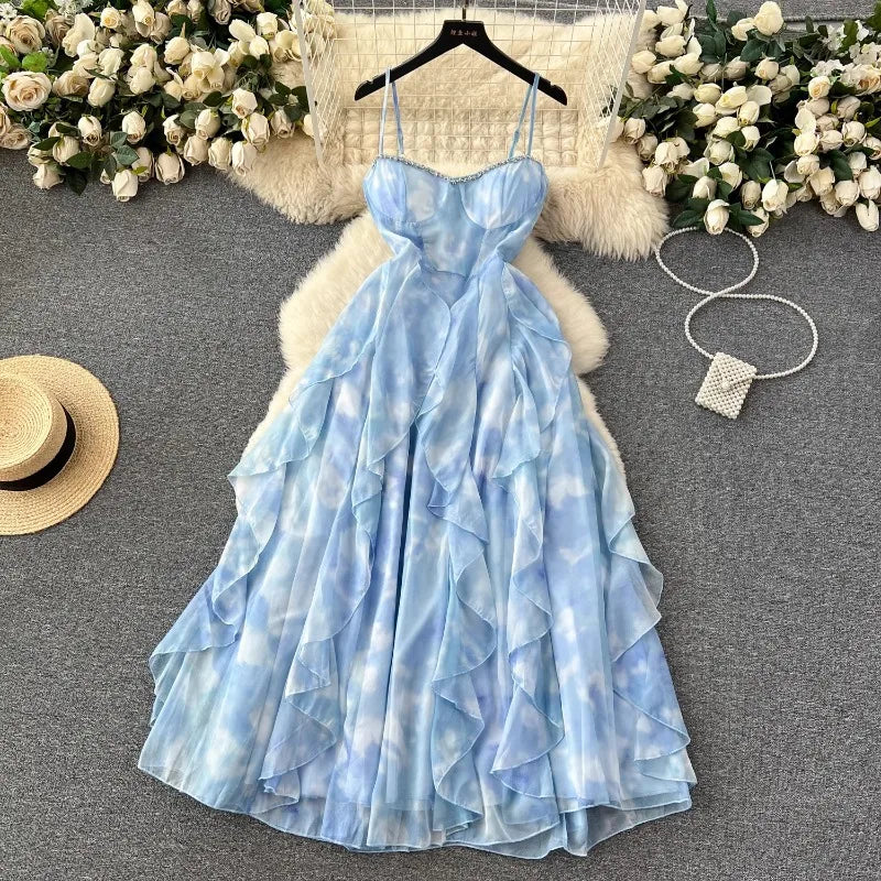 Retro Elegant Dress for Women Sweet Spaghetti Strap Floral Print Mesh Dresses French Style Floral High Waist Vestidos