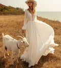 11778# Bohemian Open Back Sweep Train Long Sleeve Boho Beach Lace V Neck Sexy Chiffon Wedding Dress Wedding Bridal Gown