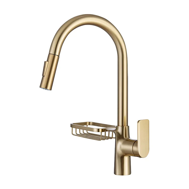 Stainless Steel Pull Down Kitchen Faucet With Sponge Holder Brushed Gold Kitchen Sink Faucet Deck Mount Water Tap for Kitchen