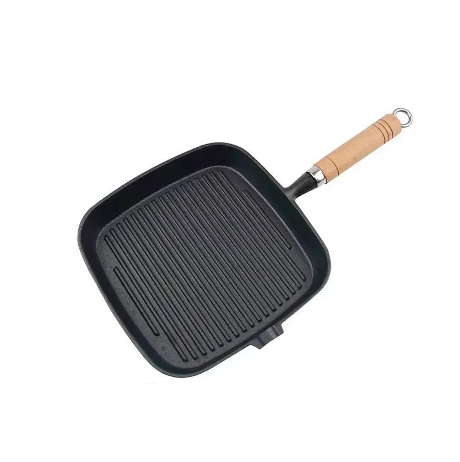 Cast Iron Grill Pan Steak Square Fry Pan with Wood Handle