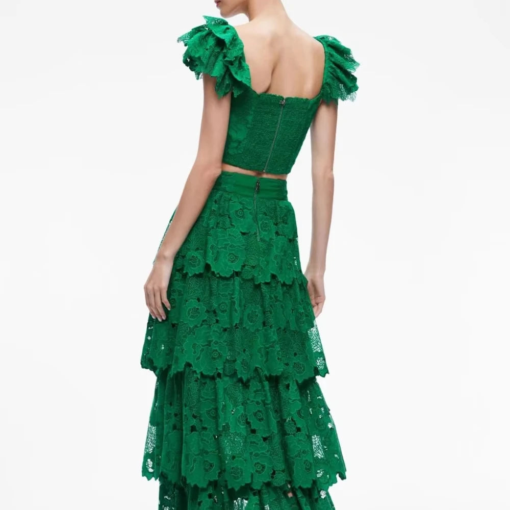 High-end Chiffon Emerald Green Ruffled Chantilly Chiffon Dress Lace Fabric