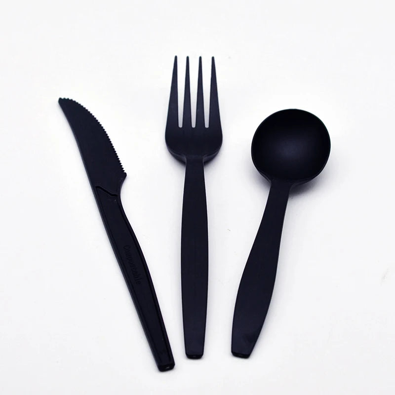 6.5 " Biodegradable Disposable PLA Black Plastic Cutlery Set Eco Friendly