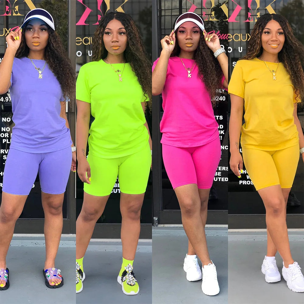 Women's Custom Summer Outfits Casual Style Two-Piece Short Set with T-Shirt Blank Biker Shorts Short Shorts