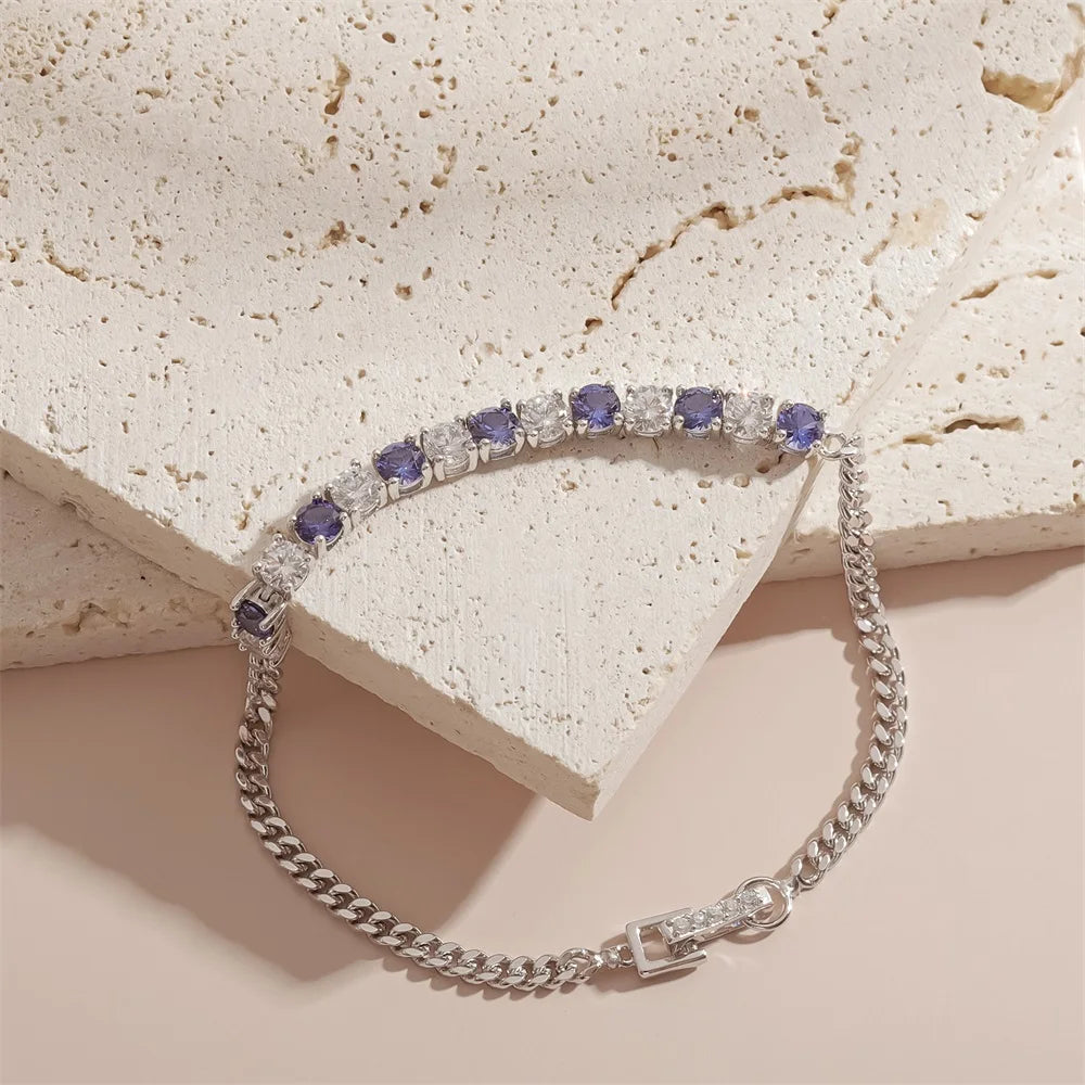 Abiding Unique Design Half Pave White Moissanite & Lab Grown Sapphire 925 Sterling Silver Link Bracelet Tennis Bracelet