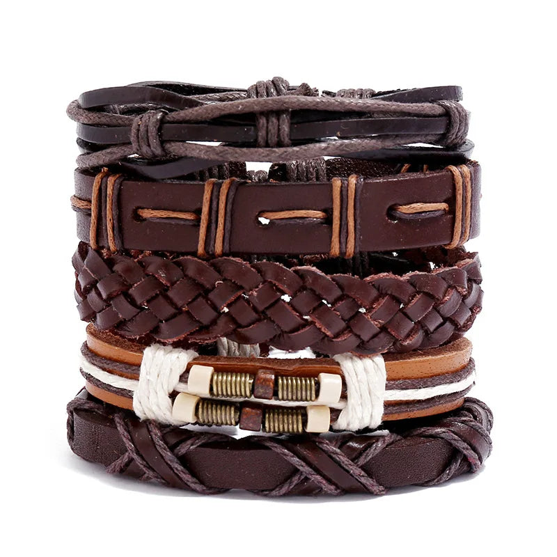 Trendy Ethnic Men's Wholesale Handmade Genuine Leather Rope Antique Bronze Plated Geometric Wrap Bracelets Sets-High Quality