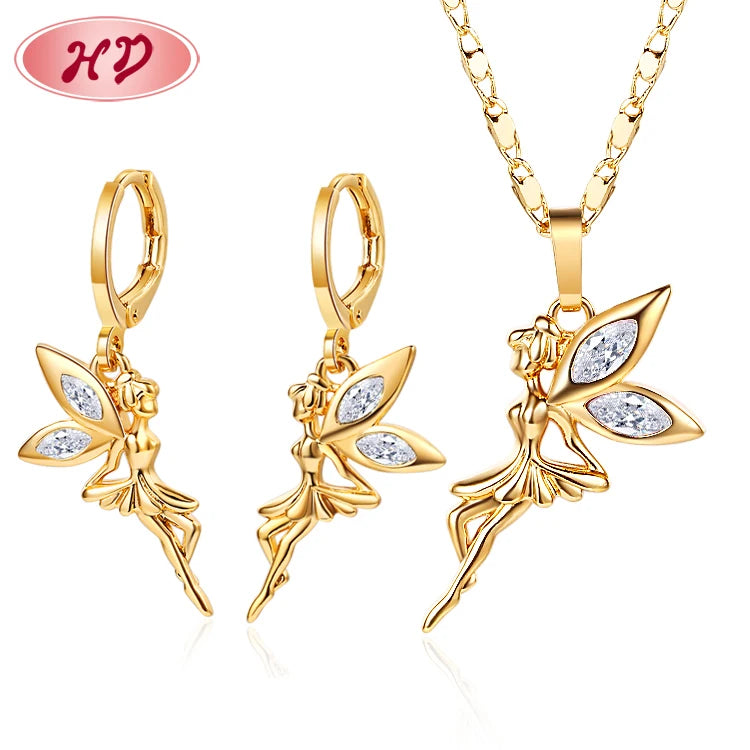 HD Jewelry Fashion Flower 18k Gold Plated Necklace Pendant Earring fairy Angel Jewelry Set for Women