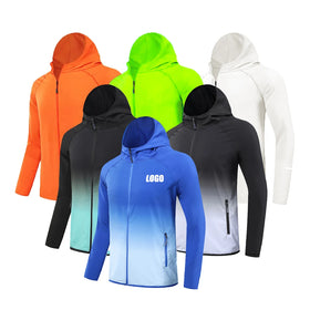 92% Terylene 8% Spandex Quick Dry Full Zip up Gradient Color Costom Design Logo Branding Windproof Gym Sportswear Hoodie for Men