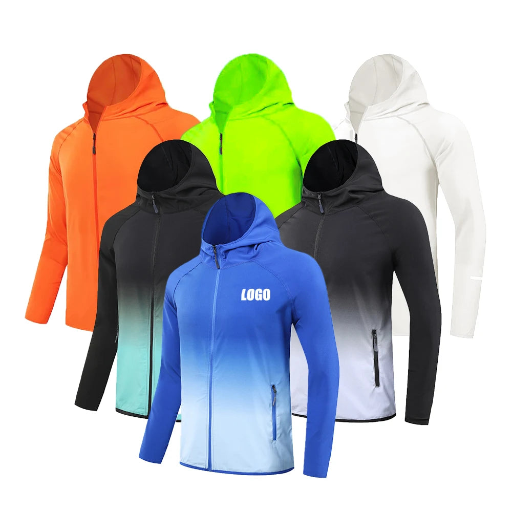 92% Terylene 8% Spandex Quick Dry Full Zip up Gradient Color Costom Design Logo Branding Windproof Gym Sportswear Hoodie for Men