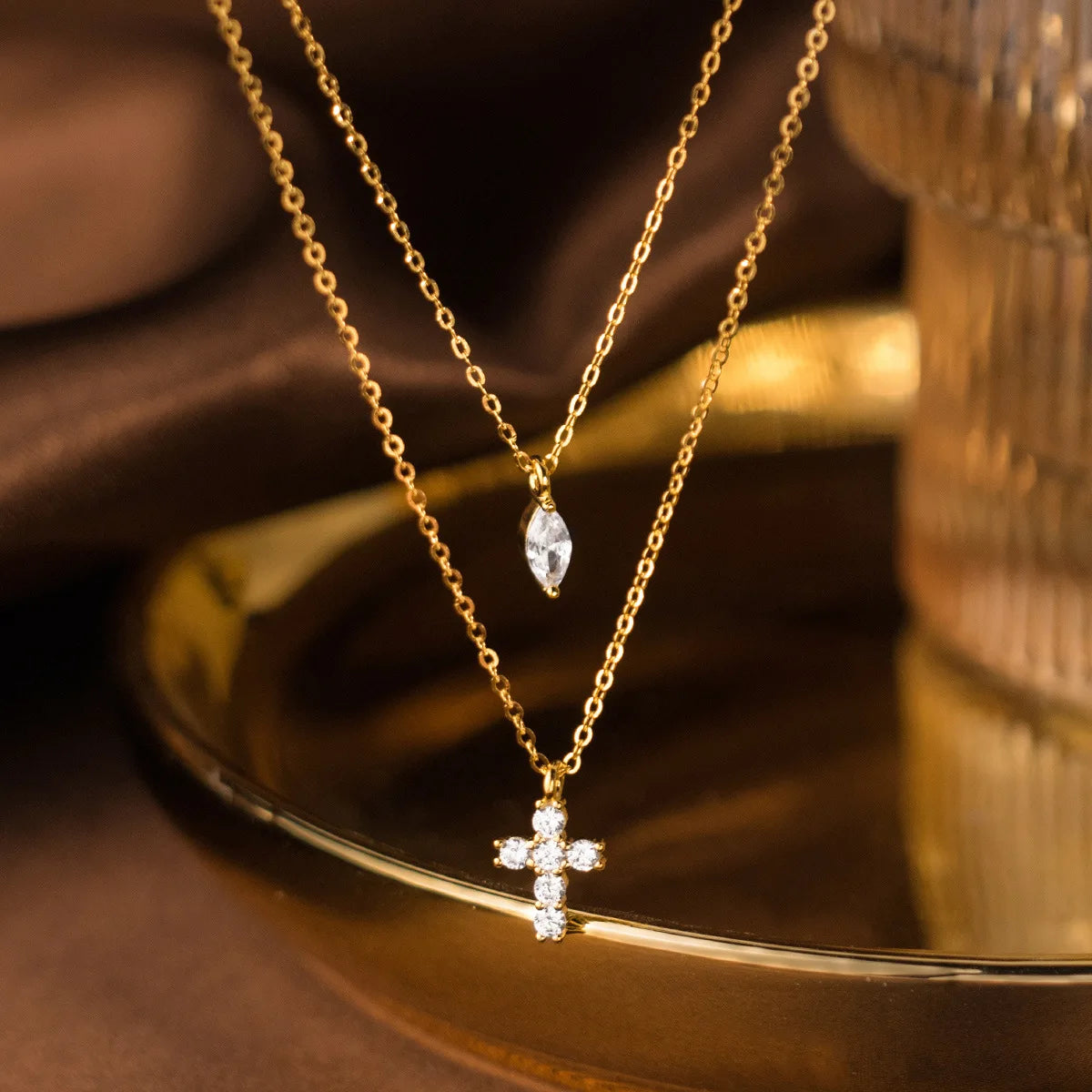 Fashion Jewelry 925 Sterling Silver Cross Drop Pendant Star Diamond Tassel Chain Gold Plated Necklaces for Women