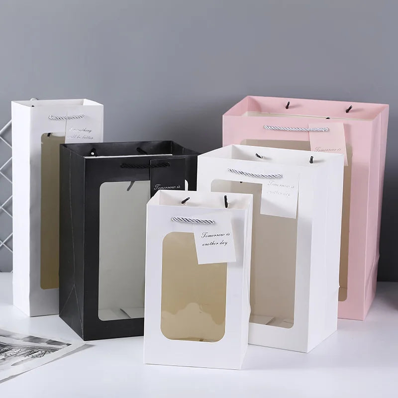 Wholesale White Print logo Paper Tote Bag Flowers Packaging Glassine Gift Paper Bags with clear Window hang Tag