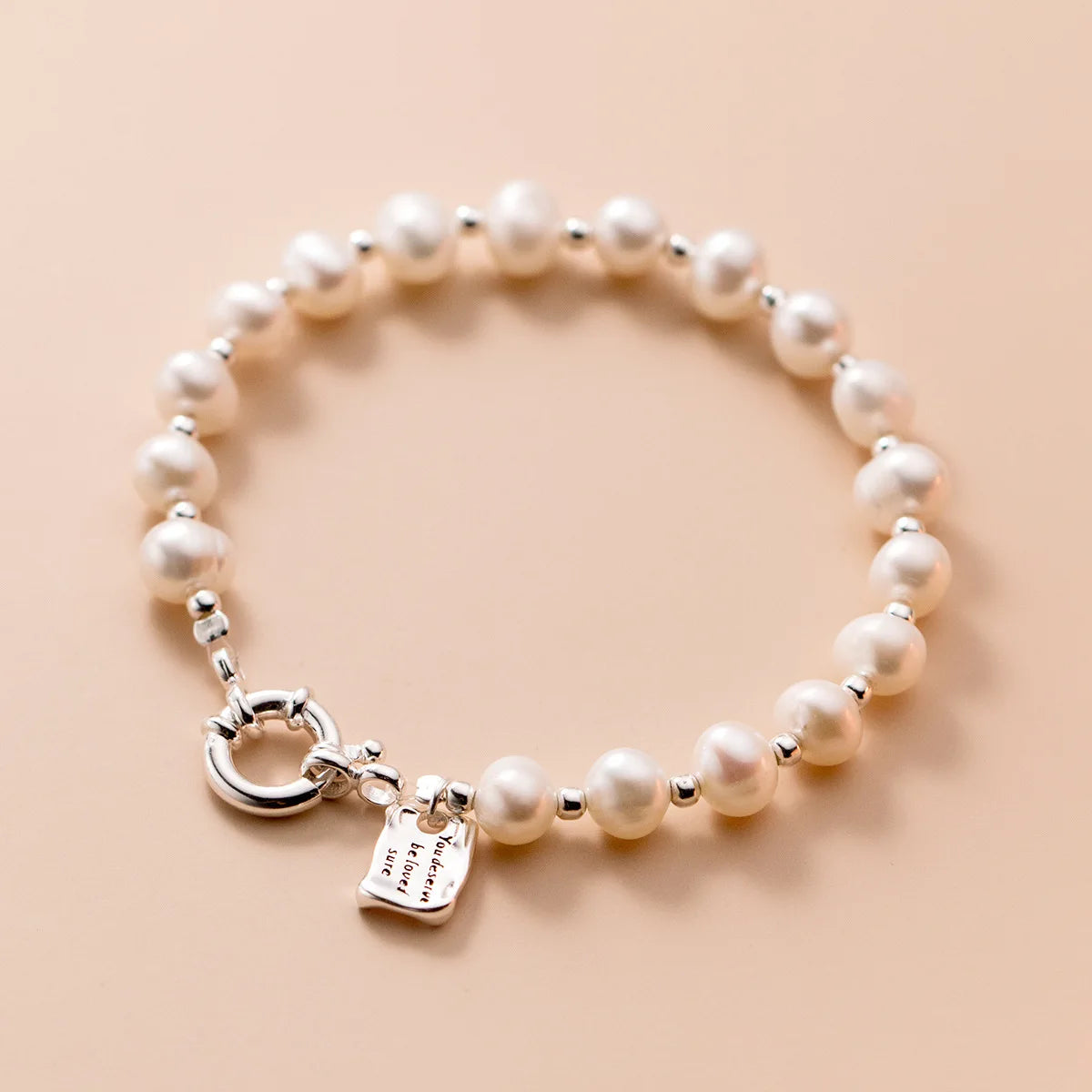 925 Sterling Silver Round Beads French Pearl Bracelet With Letter Tags Charm for Woman Holiday Wedding Party