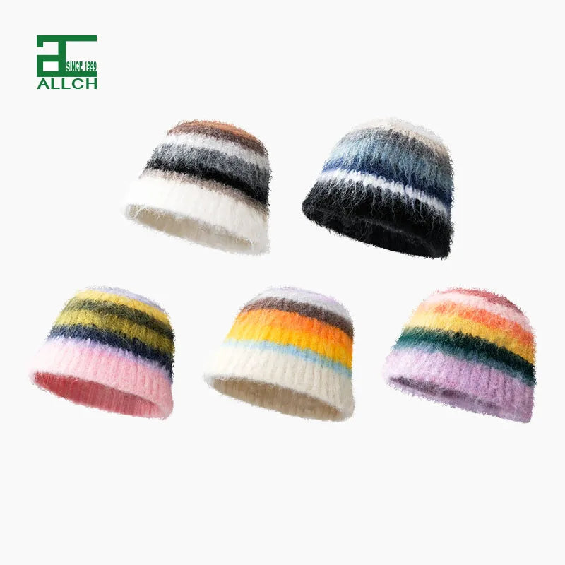 ALLCH Gradient Stripe Knitted Hat Warmth and Versatile Casual Ear protection