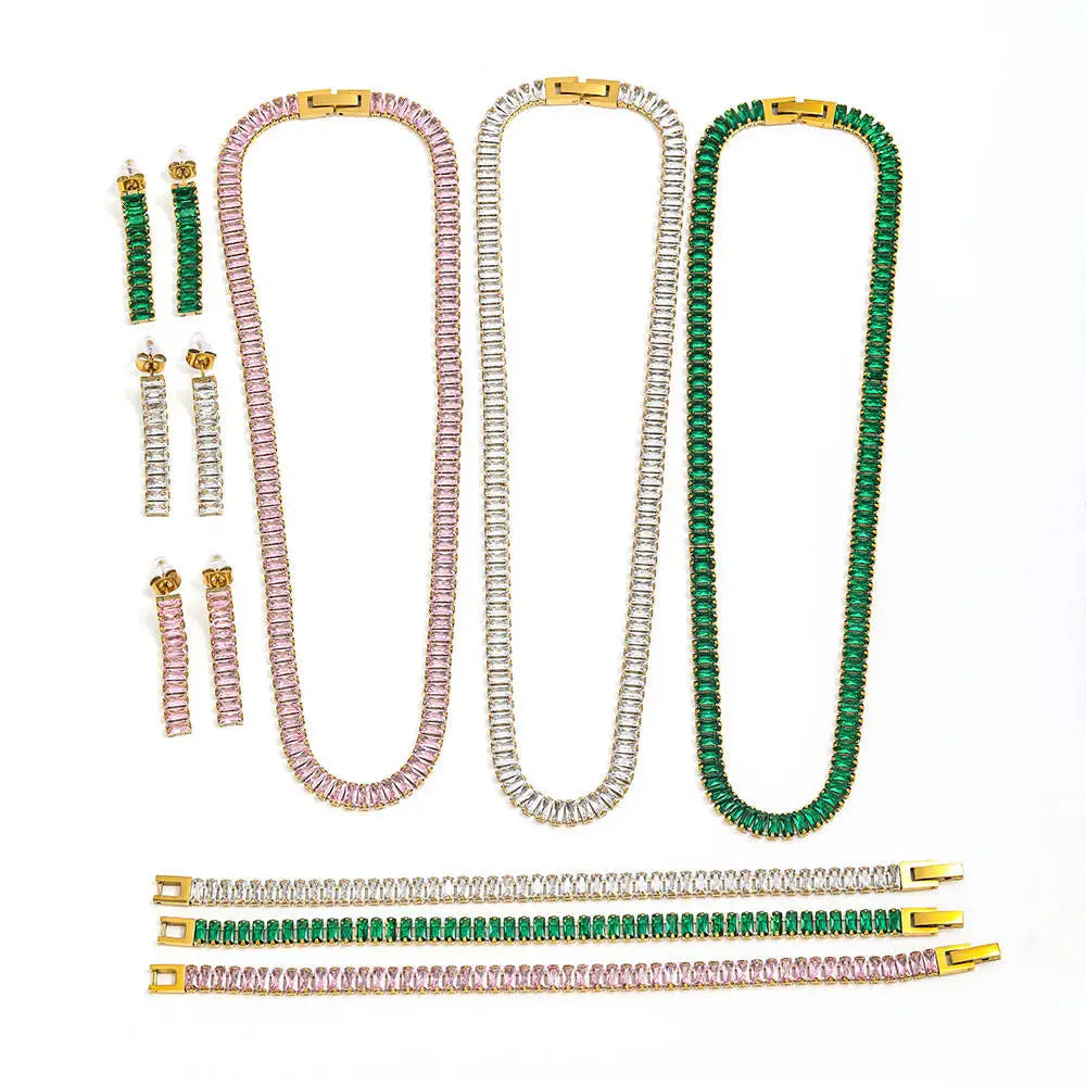 Luxury Non Tarnish & Waterproof Shiny Baguette Tennis 18K Gold Plated  Statement Zirconia Stainless Steel Crystal Jewelry