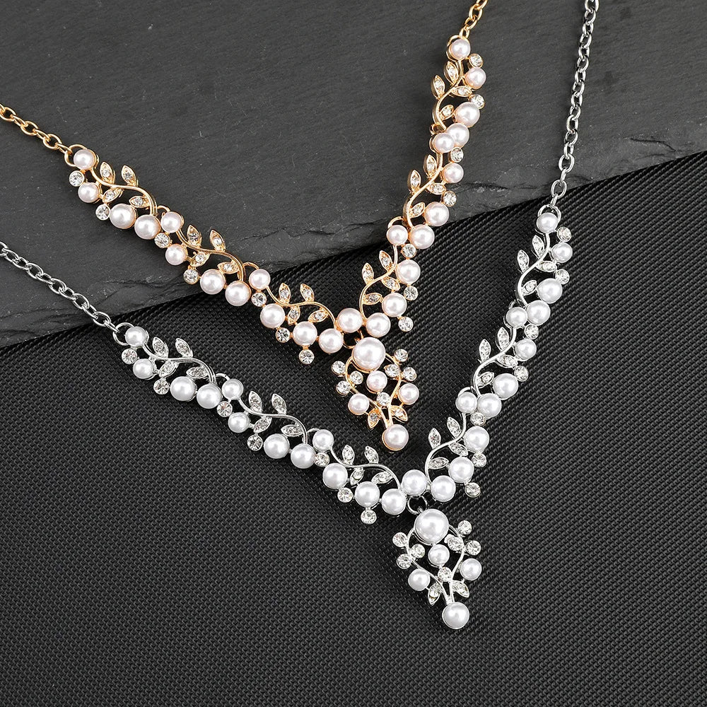 New Wedding Party Anniversary Bridal Accessories Set Eco-friendly Pearl Rhinestone Necklace & Earrings Two-piece Set