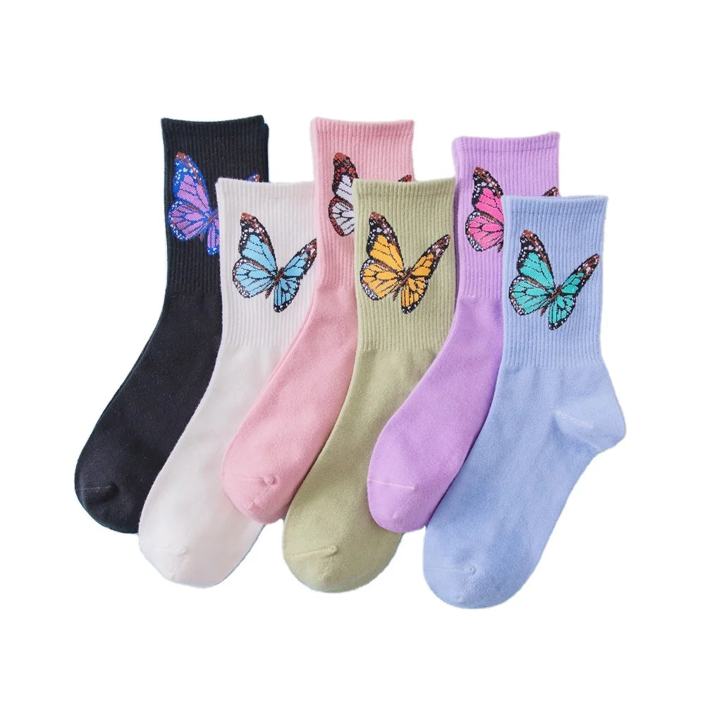 Comfortable Colorful Women's Cotton Crew Tube Socks Butterfly and Cartoon Print Breathable Knitted Technique Customized Size