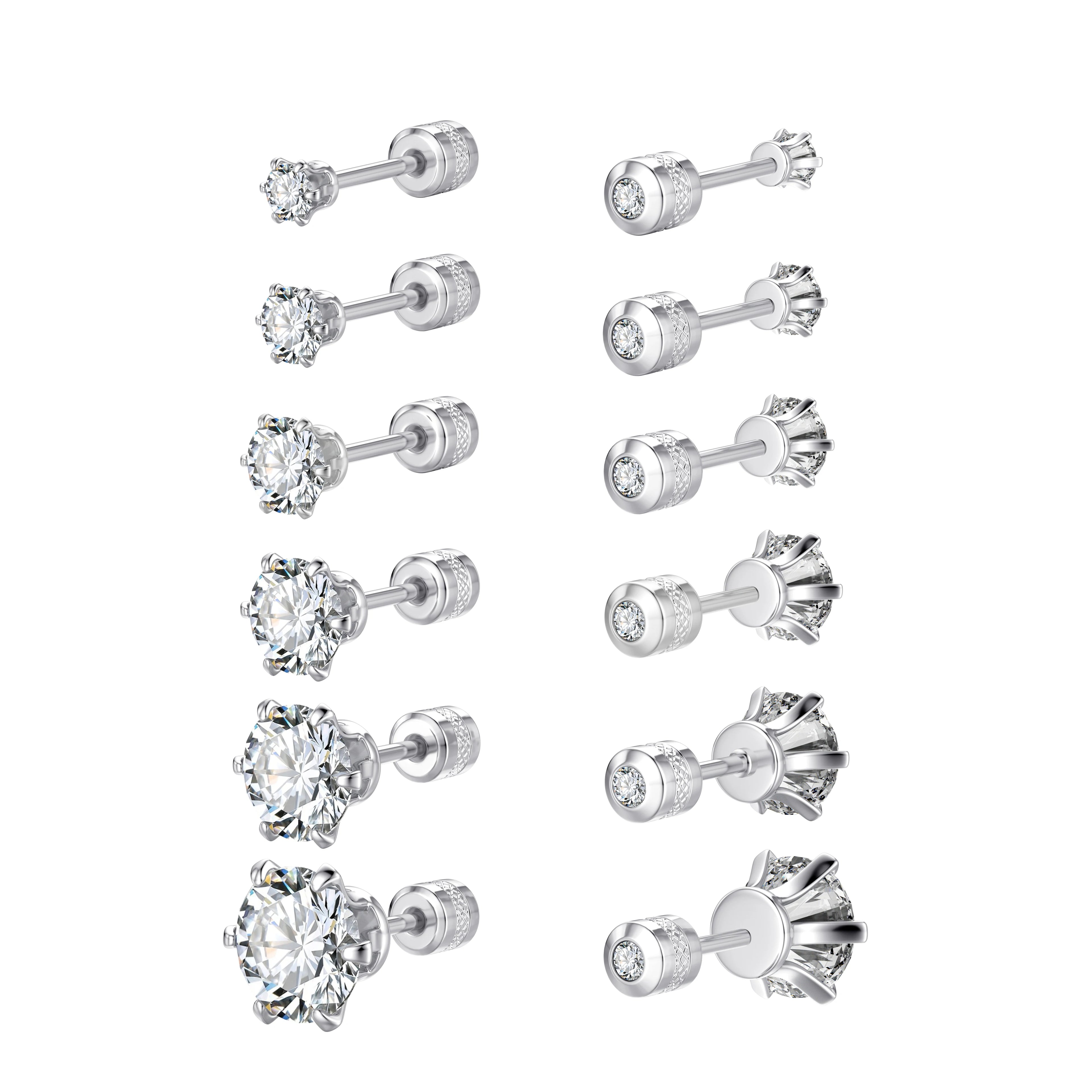 Unisex 10Pair/Set Stainless Steel Ear Studs with Crystal Zircon 3-8mm Tragus Cartilage Body Piercing for Children Wedding Gift