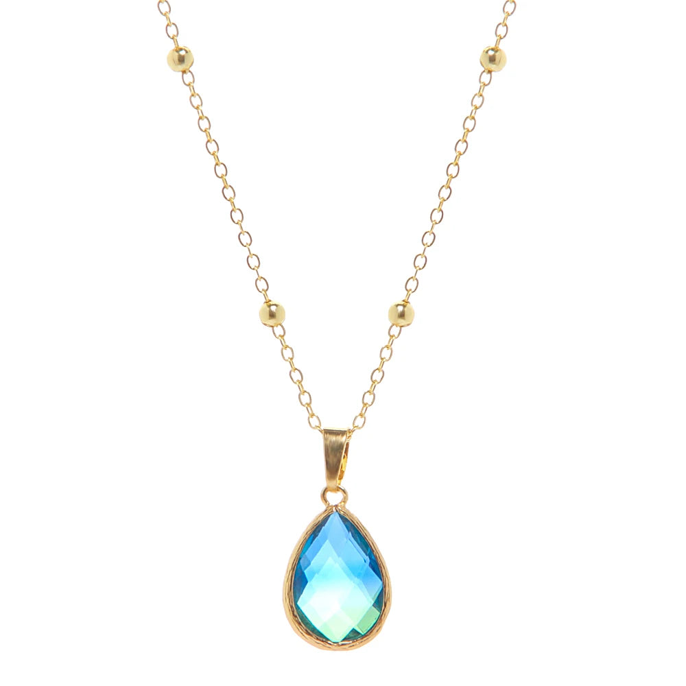 New Fashion Bohemian Women Jewelry UV Plating Golden Ball Chain Choker Necklace  Gradient Crystal Glass Drop Pendant Necklace