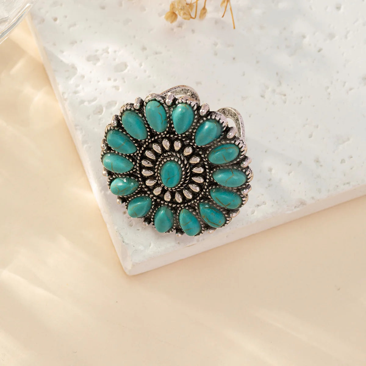 2023 Newest Retro Bohemian Colorful Round Turquoise Adjustable Ring for Woman