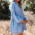 S-XL Spring/Summer Lantern Sleeves Short Dress Shirt Skirt Loose Denim Skirt Women's Clothing